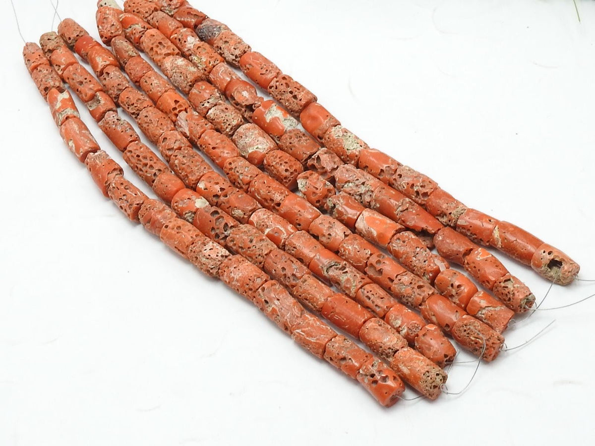 Natural Red Coral Tube Beads 8-12mm, Smooth Drum Cylinder 8 Inch Strand, Loose Column Spacer Gemstone Supplies