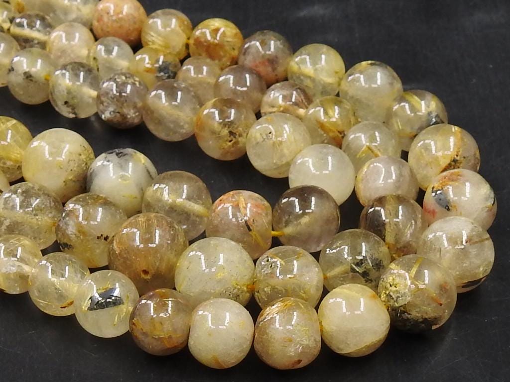 Golden Rutilated Quartz Smooth Round Beads 18 Inch Strand, 4-10mm Sphere Gemstone Loose Beads, Natural Clear Crystal for Jewelry Making