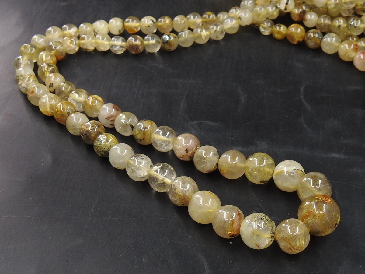 Golden Rutilated Quartz Smooth Round Beads 18 Inch Strand, 4-10mm Sphere Gemstone Loose Beads, Natural Clear Crystal for Jewelry Making
