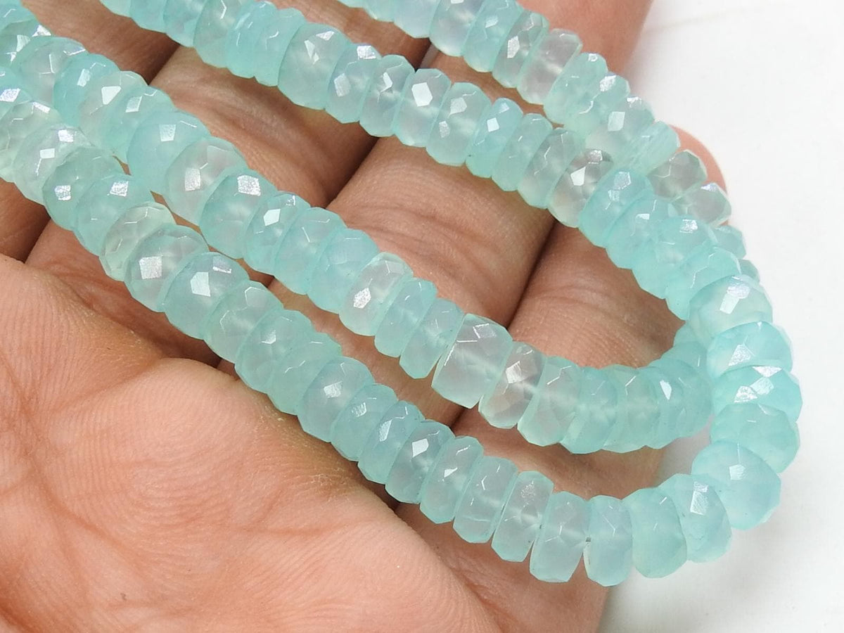 Natural Aqua Blue Chalcedony Faceted Coin Beads 14 Inches | 6-7mm Polished Button Wheel Strand | Jewelry Making Supplies Wholesale PME-CY2