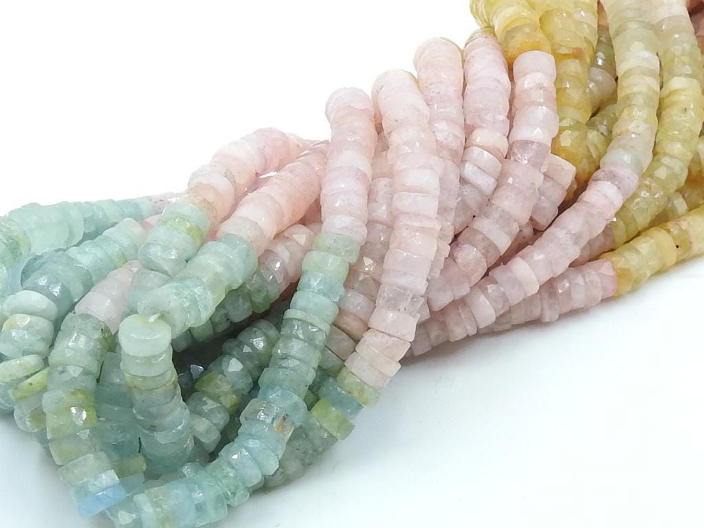 Natural Multi Shaded Aquamarine Faceted Tire Beads 6mm Wheel Button Coin Shape 16 Inch Strand Loose Gemstone for Jewelry Making Supplies  T3
