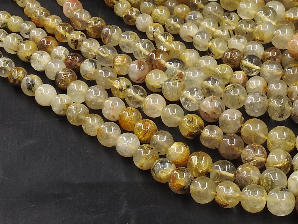 Golden Rutilated Quartz Smooth Round Beads 18 Inch Strand, 4-10mm Sphere Gemstone Loose Beads, Natural Clear Crystal for Jewelry Making
