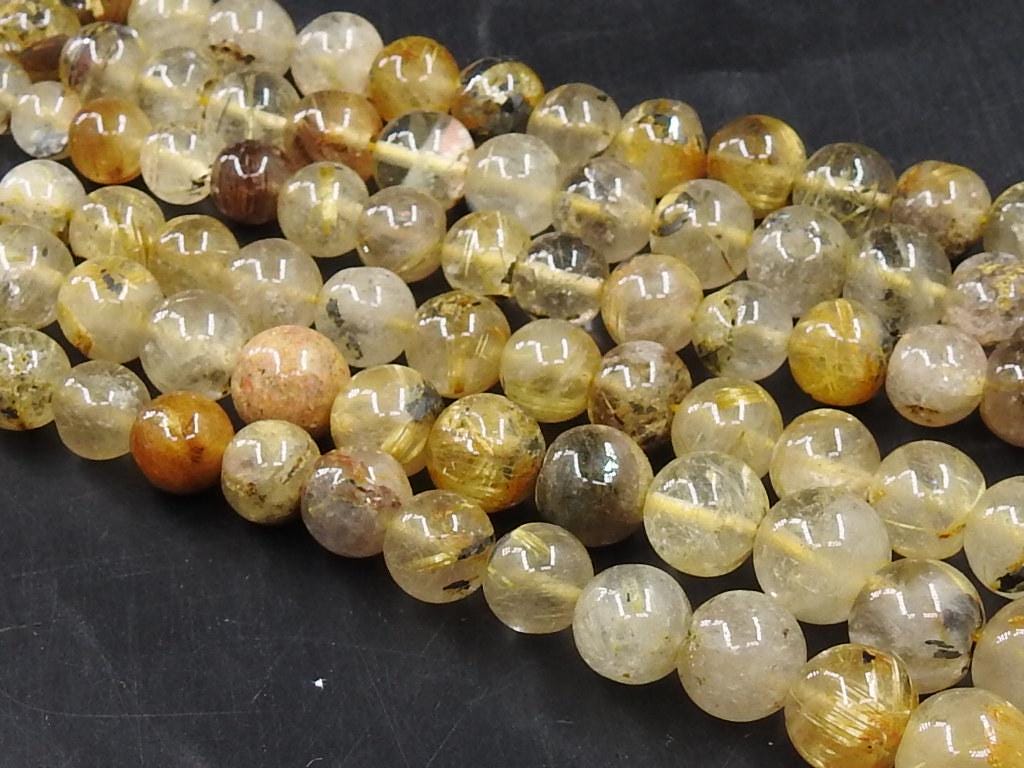 Golden Rutilated Quartz Smooth Round Beads 18 Inch Strand, 4-10mm Sphere Gemstone Loose Beads, Natural Clear Crystal for Jewelry Making