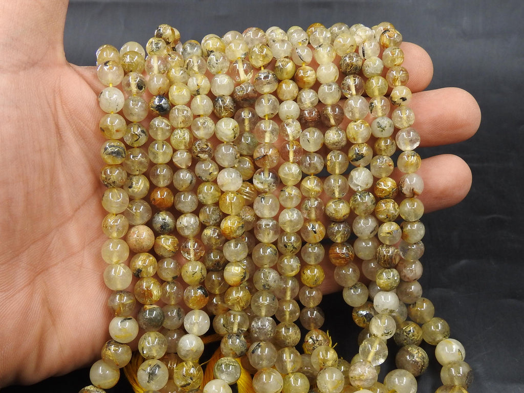 Golden Rutilated Quartz Smooth Round Beads 18 Inch Strand, 4-10mm Sphere Gemstone Loose Beads, Natural Clear Crystal for Jewelry Making