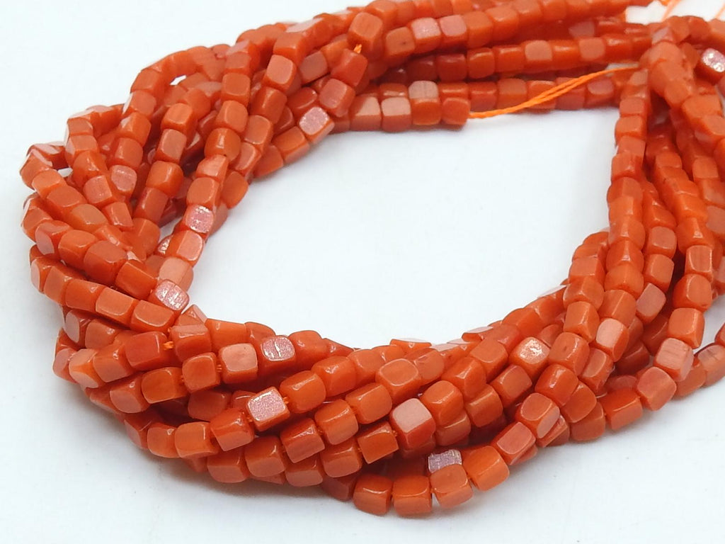 Red Coral Cube Beads, 3mm Smooth Polished Box Cuboid Shape 16 Inches Strand, Wholesale Loose Gemstone Beads for DIY Jewelry Crafting Supply
