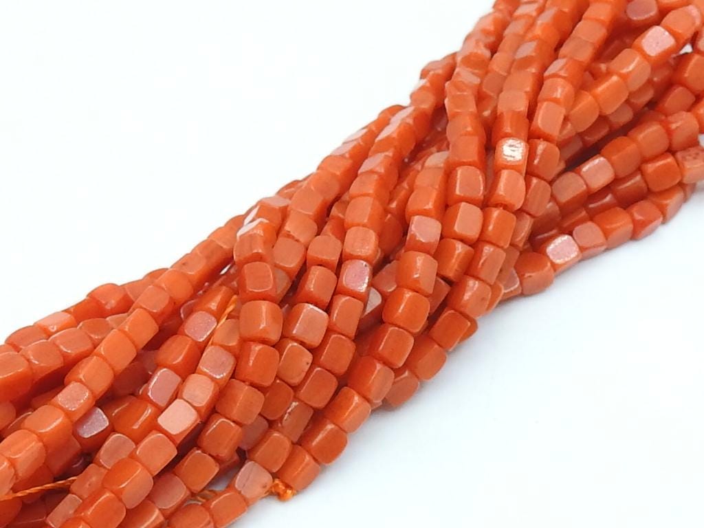 Red Coral Cube Beads, 3mm Smooth Polished Box Cuboid Shape 16 Inches Strand, Wholesale Loose Gemstone Beads for DIY Jewelry Crafting Supply