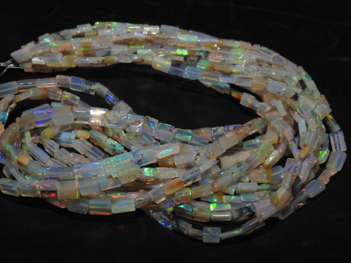 Natural Ethiopian Opal Rectangle Baguette Beads, Multi Fire Welo Stone 18 Inch Strand 4x2-8x4mm, Loose Gemstone Jewelry Making Supplies