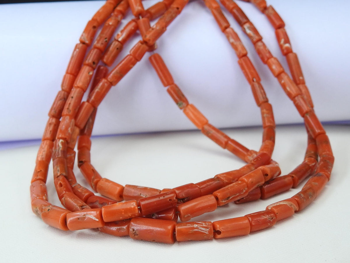 Reserved Natural Italian Red Coral Tube Beads, 16" Smooth Cylinder Stone Strand, 5x3mm-10x5mm Premium Gemstone Supplies