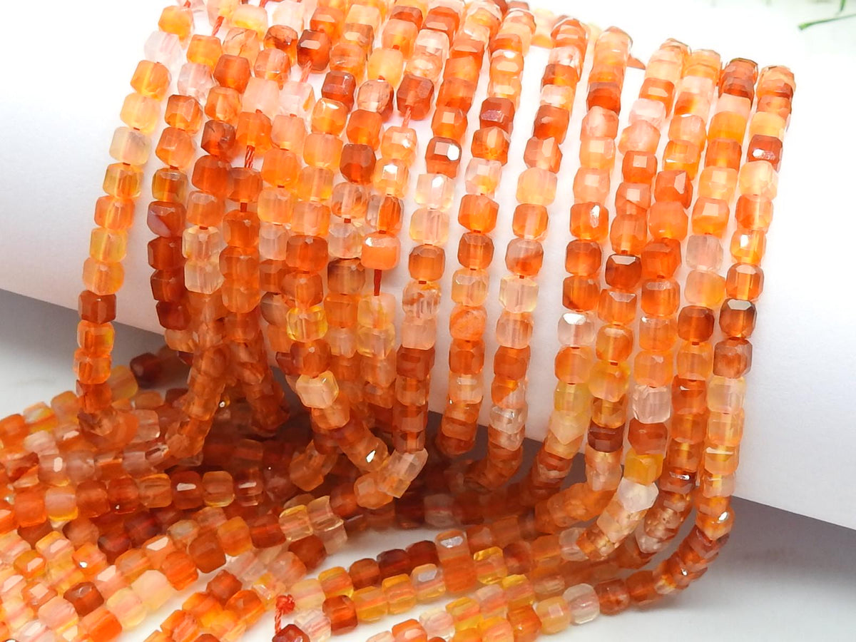 Carnelian Faceted Cube Box Bead-15Inch 4MM Approx-Multi Shaded-Wholesaler Supplies-New Arrival-Natural Stone PME-CB2
