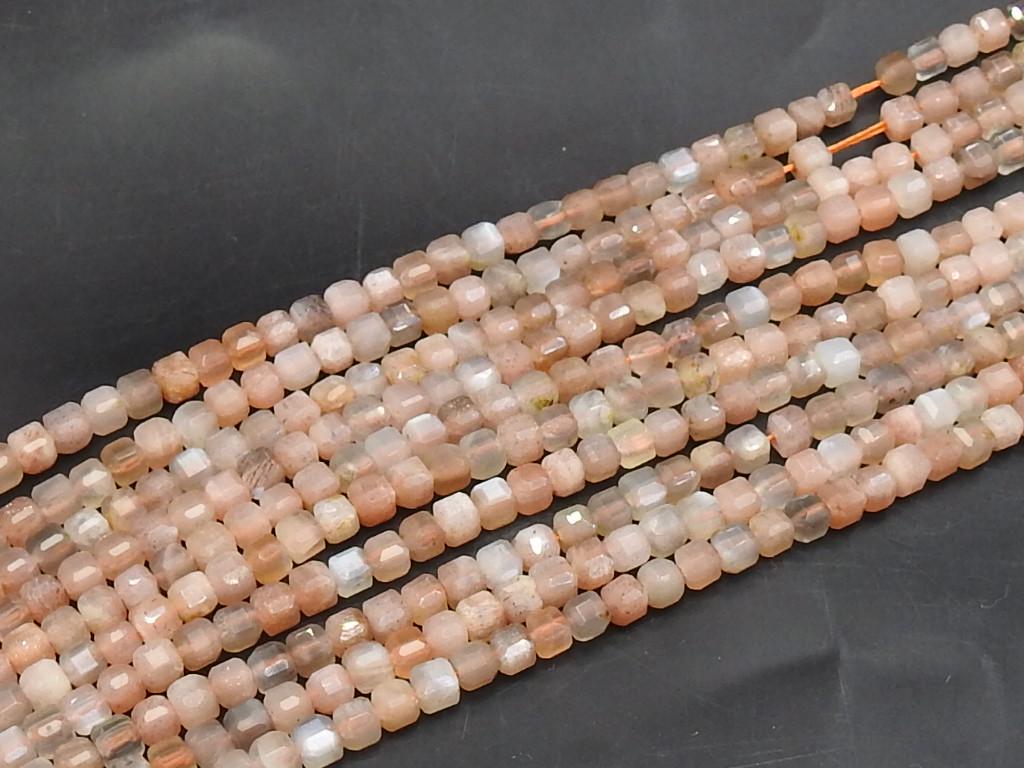 Peach Moonstone Faceted Cube Box Bead-15Inch 4MM Approx-Wholesaler Supplies-New Arrival-Natural Stone PME-CB2