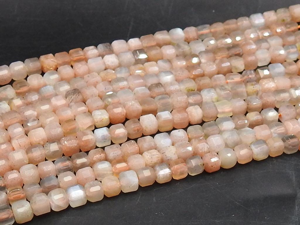 Peach Moonstone Faceted Cube Box Bead-15Inch 4MM Approx-Wholesaler Supplies-New Arrival-Natural Stone PME-CB2