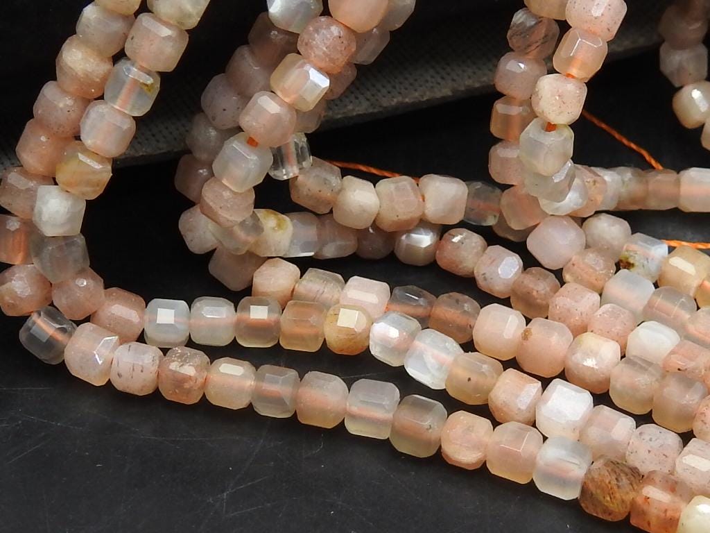 Peach Moonstone Faceted Cube Box Bead-15Inch 4MM Approx-Wholesaler Supplies-New Arrival-Natural Stone PME-CB2