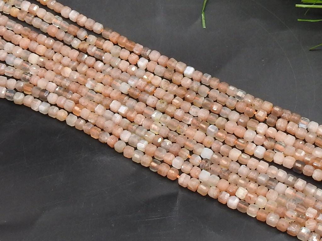 Peach Moonstone Faceted Cube Box Bead-15Inch 4MM Approx-Wholesaler Supplies-New Arrival-Natural Stone PME-CB2
