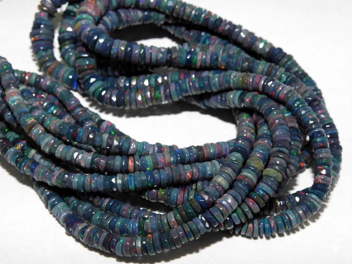 Natural Black Ethiopian Opal Tire Beads 18 Inch Strand Multi Fire Opal Smooth Rondell Bead 4mm to 7mm Loose Gemstone for Jewelry Making