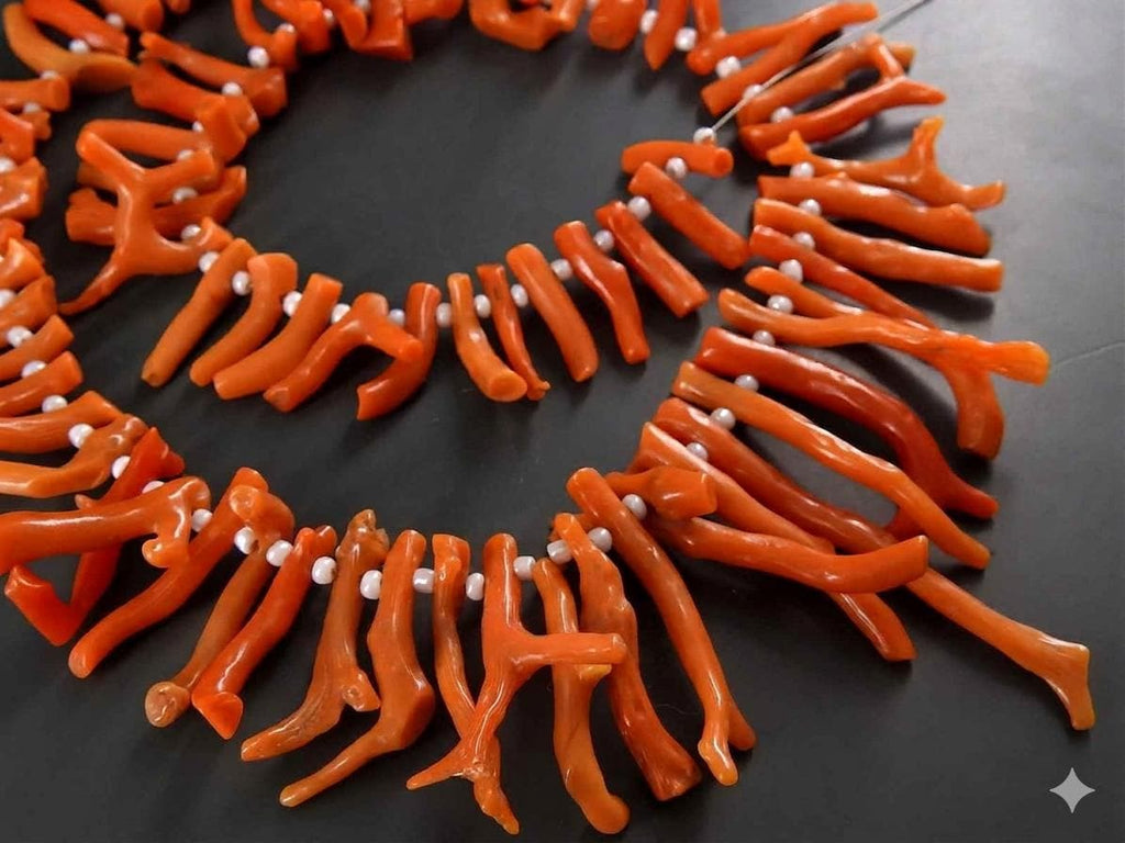 Natural Orange Coral Sticks, Raw Mediterranean Sea Branch Spikes, 16" Strand, Genuine Precious Gemstone, Red Jewelry Making Supply