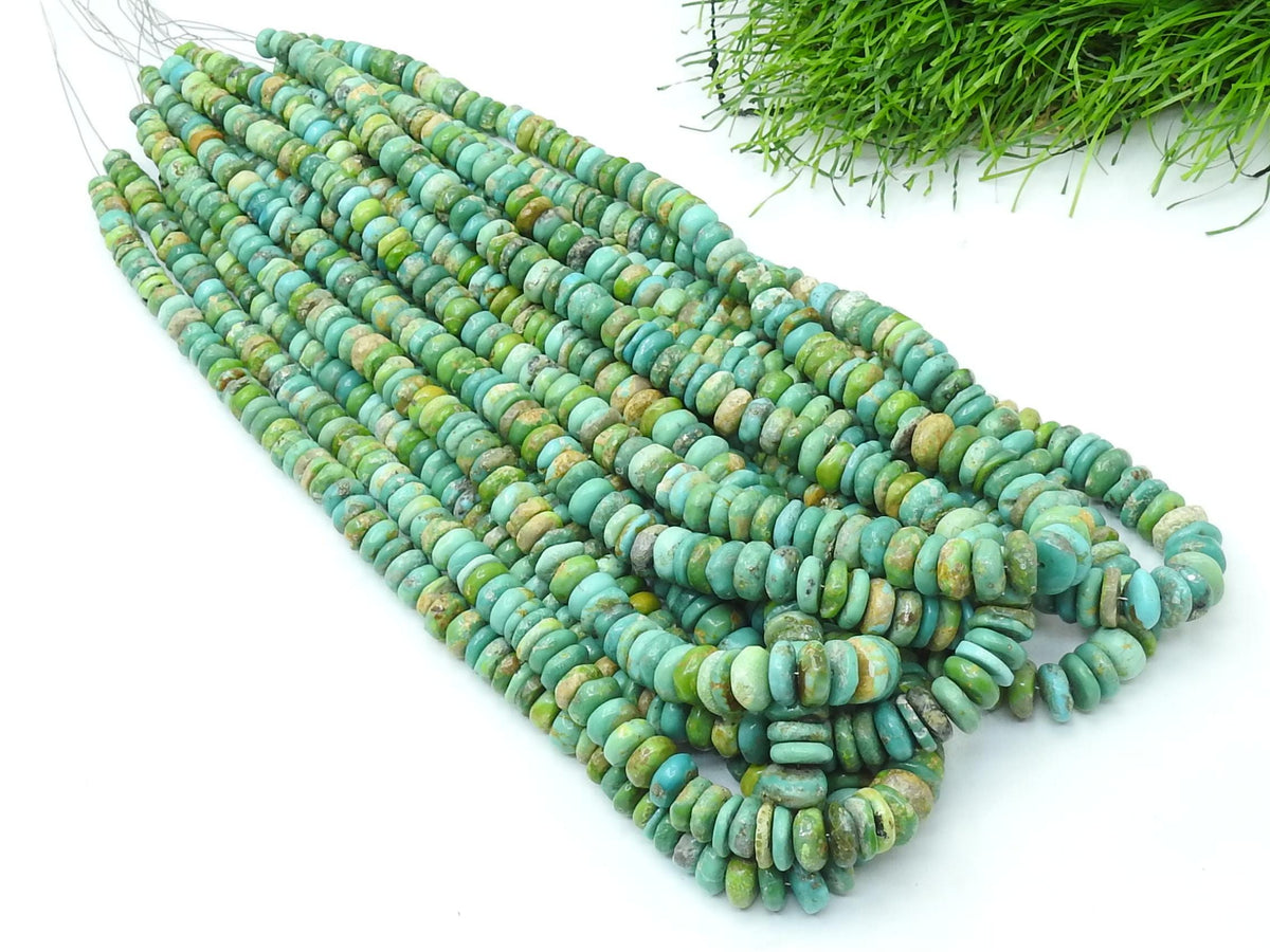 Natural Green Arizona Turquoise Smooth Beads, Polished Tire Coin Button Wheel Shape, 16 Inches Strand 7-9MM, Jewelry Making Supply WM-T4