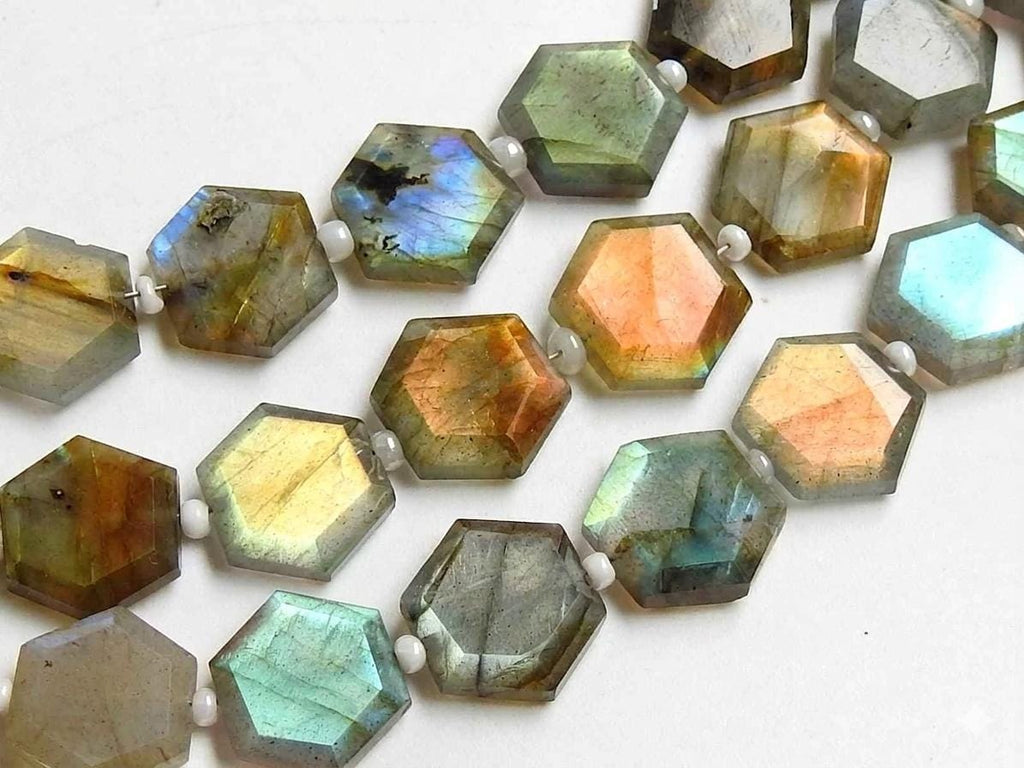 Labradorite Faceted Bead, Multi Fire Hexagon Shape, 8Inch Strand, 10-11MM Approx, Jewelry Making Wholesaler Supplies, Natural Gray Gemstone