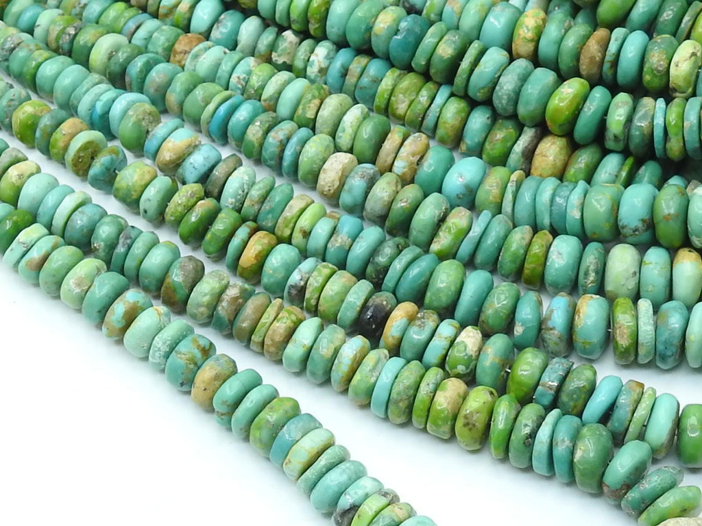 Natural Green Arizona Turquoise Smooth Beads, Polished Tire Coin Button Wheel Shape, 16 Inches Strand 7-9MM, Jewelry Making Supply WM-T4