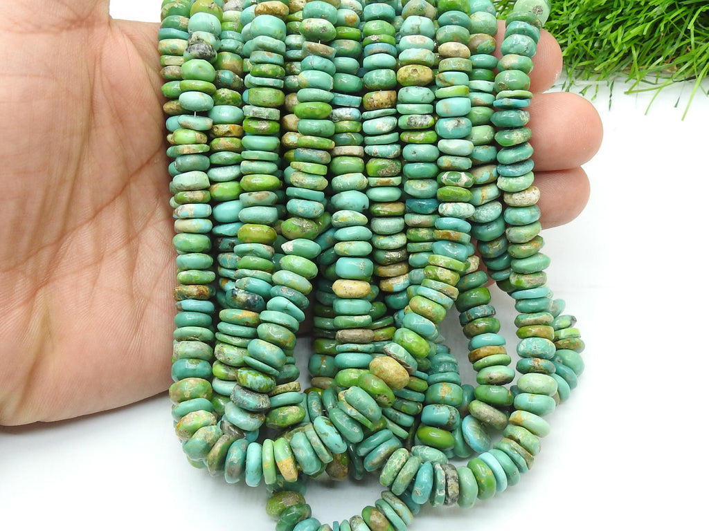 Natural Green Arizona Turquoise Smooth Beads, Polished Tire Coin Button Wheel Shape, 16 Inches Strand 7-9MM, Jewelry Making Supply WM-T4