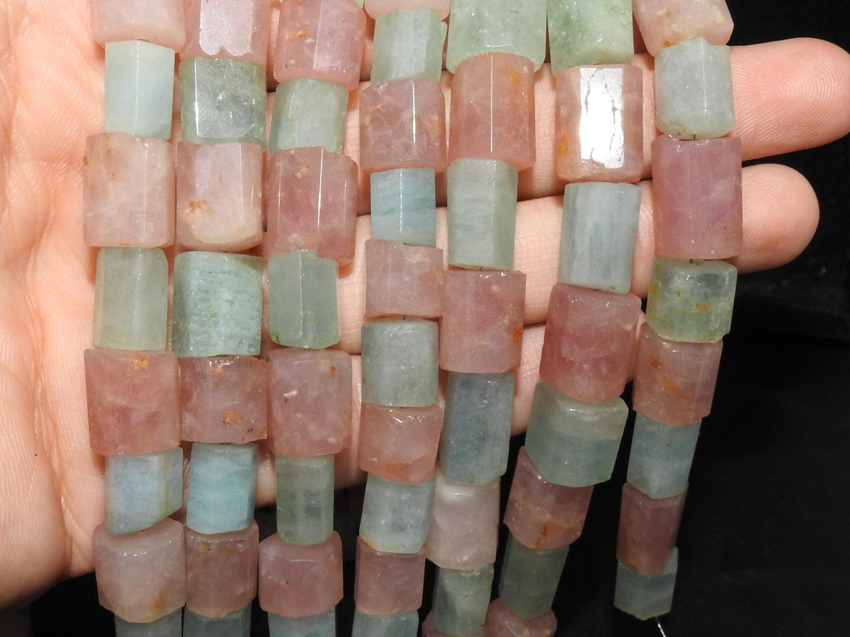 Aquamarine Rose Quartz Faceted Tube Beads 8 Inch Strand 9x8 To 14x10 mm Natural Gemstone Loose Jewelry Making Supplies WB-1