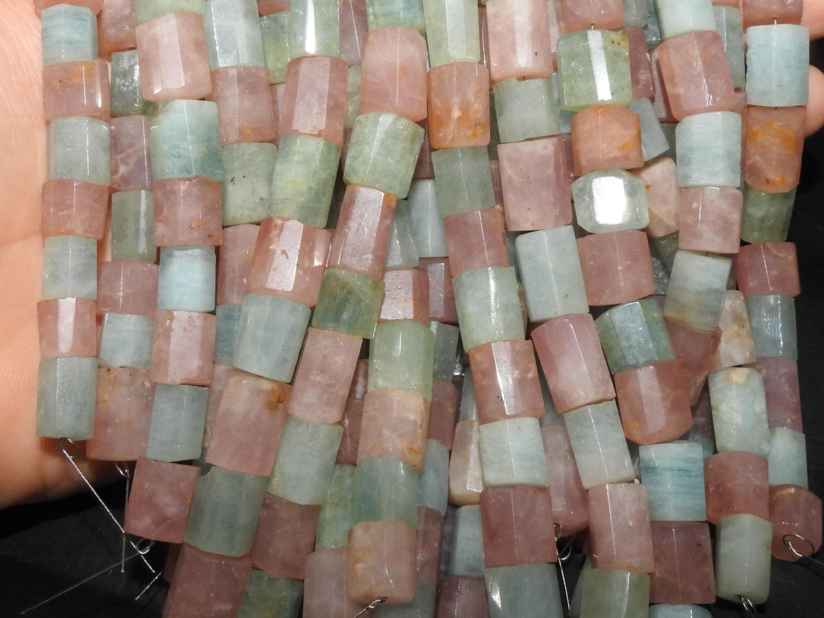 Aquamarine Rose Quartz Faceted Tube Beads 8 Inch Strand 9x8 To 14x10 mm Natural Gemstone Loose Jewelry Making Supplies WB-1